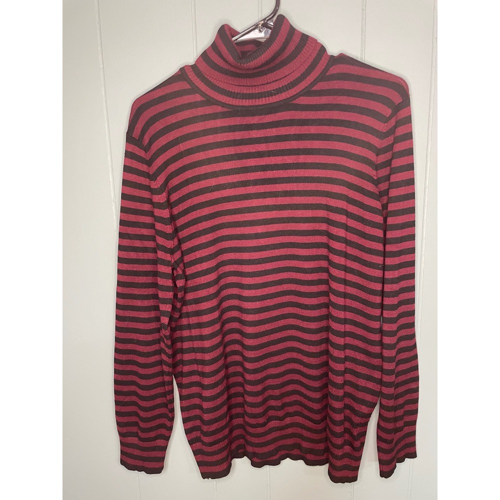 Joseph A Turtleneck Sweater Womens XL Burgundy Black Striped Knit